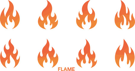 Orange flame vector icons set, fire symbol design, cartoon flame collection, hot fire illustration, flame logo elements for graphic design and branding