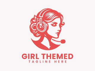 Elegant RedToned Logo of a Woman with Headphones and Microphone.