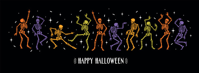 Happy dancing skeletons. Colored vector illustration for Halloween and other