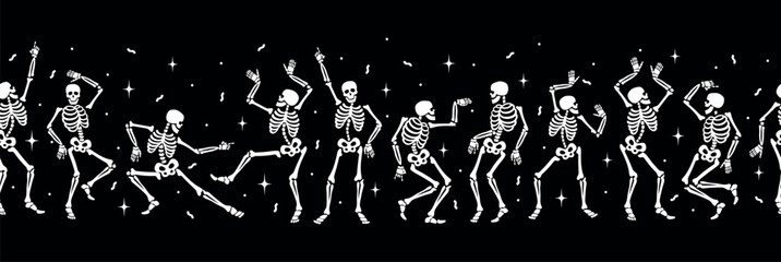 Happy dancing skeletons. Vector seamless border for Halloween and other