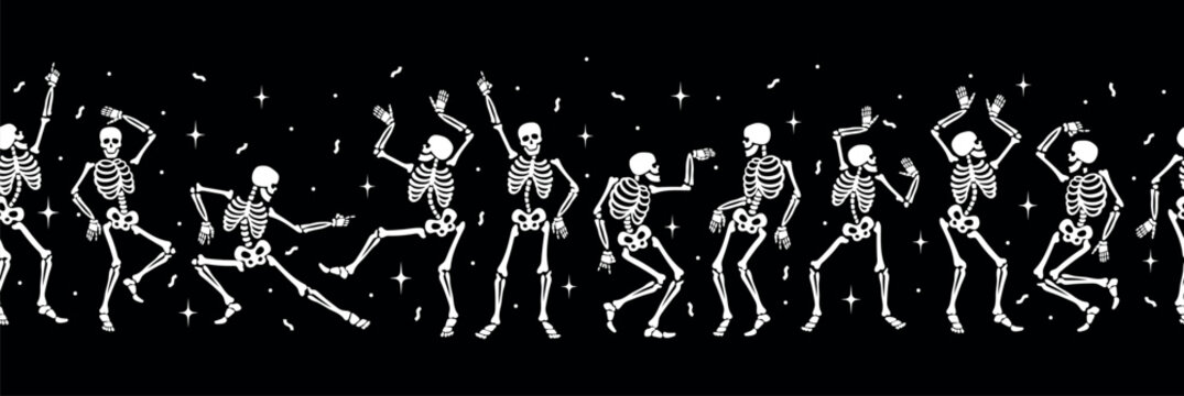 Happy dancing skeletons. Vector seamless border for Halloween and other