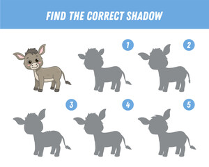 Find correct shadow of cute cartoon donkey. Educational logical game for kids. Funny animal. Vector illustration