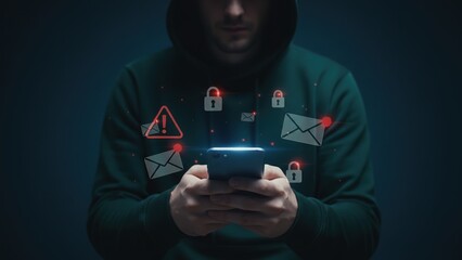 A hooded man holding a smartphone surrounded by lock and warning icons highlighting scam alert warning, fraud alert, and email spam risks