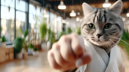 Cat dressed in martial arts uniform practicing a punch in a spacious training dojo filled with plants during daylight hours