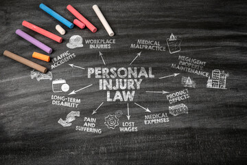 PERSONAL INJURY LAW Concept. Black scratched textured chalkboard background