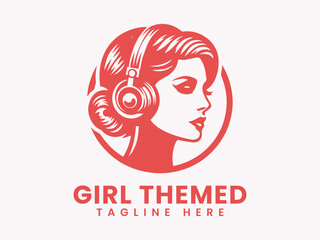 Red Profile of Woman Wearing Headphones in Circular Logo Design.