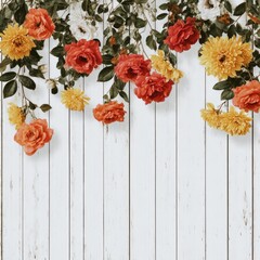 Colorful Flower Garland with Red Orange and Yellow Blossoms Hanging on White Wooden Wall