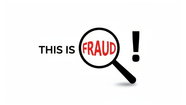 A magnifying glass over a bold fraud surrounded by this is text for scam alert warning, fraud alert, email spam awareness concept
