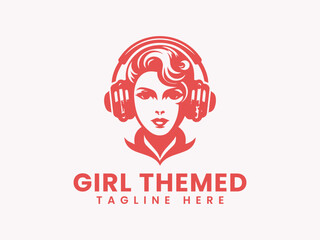 Red Silhouette of a Woman Wearing Headphones Music Logo Design.