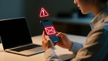 A businesswoman using a smartphone with a glowing red warning icon above the phone symbolizing scam alert warning, fraud alert, email spam cyber threats
