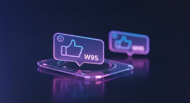 Vibrant neon thumbs up icons illuminate a futuristic digital landscape, symbolizing online engagement, social media interaction, and positive feedback in the virtual world - Powered by Adobe