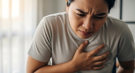 A woman clutches her chest in distress, her face contorted in pain, suggesting a medical emergency or severe discomfort.