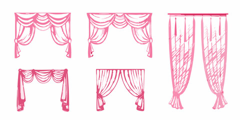 Collection of five hand drawn pink draped curtains and window treatments with a sketchy artistic style