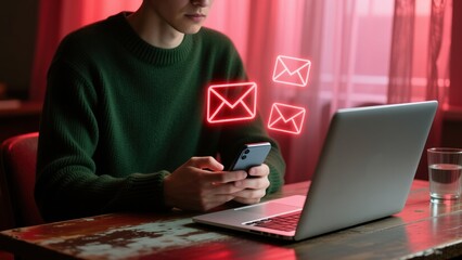 A man using a smartphone and laptop with floating red email icons near the laptop and phone showing scam alert warning, fraud alert, email spam threats
