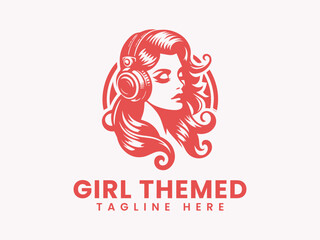 Stylish Red Logo of a Girl with Headphones.