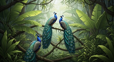 Three vibrant peacocks perched on entwined vines in tropical rainforest.