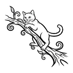 Cat on Branch: A sleek, white cat gracefully perched on a textured branch amidst elegant floral elements. It's a visual symphony of nature and grace.