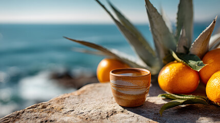 Bright photo of mezcal in a clay cup placed on a stone surface with agave leaves and oranges by the sea