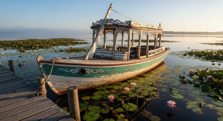 Fototapeta premium Rustic Aesthetic Boat by the Lake A Serene and Picturesque Scene