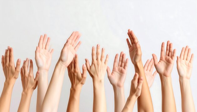Many hands raised in the air against a plain background - Powered by Adobe