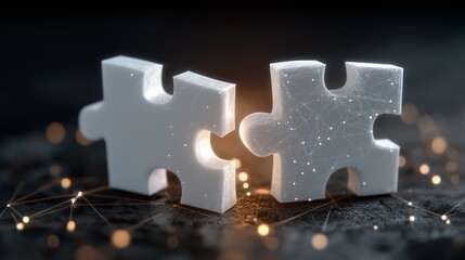 Two Upright White Puzzle Pieces with Glowing Network Overlay on Dark Surface symbolizing Integration, Connection, and Problem Solving in Futuristic Technological and Collaborative Context