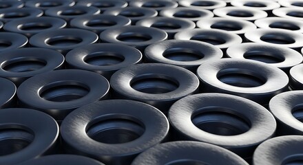 Closeup dark metallic washers in repeating circular pattern industrial texture.