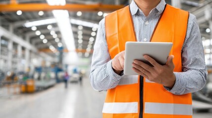 A worker in a high-visibility vest uses a tablet in a blurred industrial factory environment, focusing on digital task management.