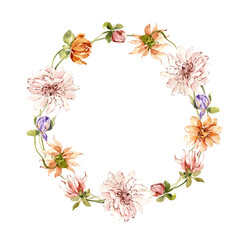 Watercolor Floral Wreath Illustration, Hand Painted Botanical Frame with Wildflowers