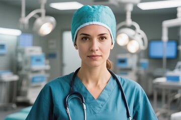 A determined and skilled female surgeon stands confidently in an operating room, fully prepared to perform surgery