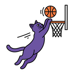 Slam Dunking Feline: An artistic illustration captures a playful purple cat in mid-air, perfectly executing a slam dunk with a basketball. © Jannat