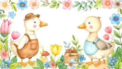 Watercolor illustration of two ducklings in a garden