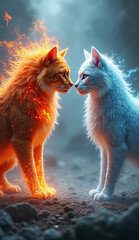 Naklejka premium Two elemental cats of fire and ice facing each other in perfect balance.