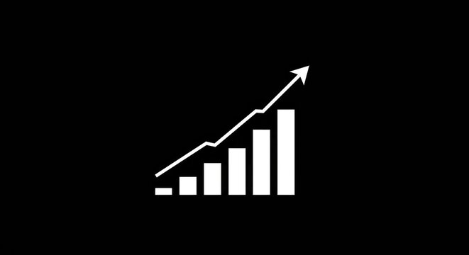 Simple white bar chart icon with an upward trending arrow on a black background. A symbol of business growth, financial success, and positive data analysis
