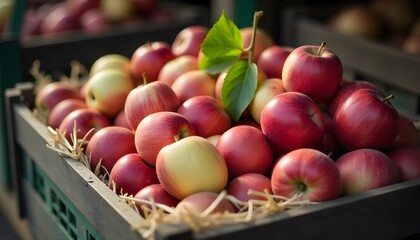 A rustic wooden crate overflowing with freshly harvested red and yellow apples on top of hay, with a single leaf on top, evoking the feeling of an autumn harvest.