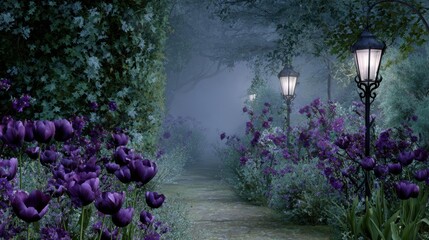 A moonlit garden path overgrown with ivy, black tulips blooming under antique wrought-iron lanterns, deep purples and dark greens, mist swirling, gothic romantic atmosphere.