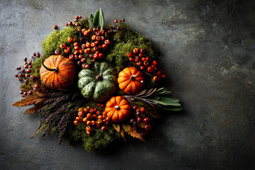 A fall-themed arrangement featuring pumpkins, red berries, green moss, and autumn leaves on a rustic surface.