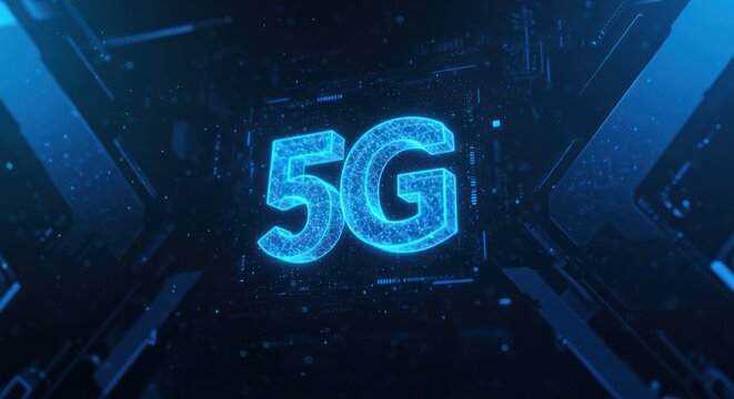 Futuristic visualization of 5G technology, symbolizing advanced wireless connectivity, digital communication, and high-speed data transfer in a modern network