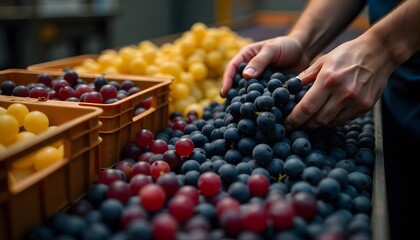 A person's hands sort through a pile of freshly harvested dark grapes, with crates of red and yellow grapes nearby, showcasing the process of fruit sorting and winemaking preparation.