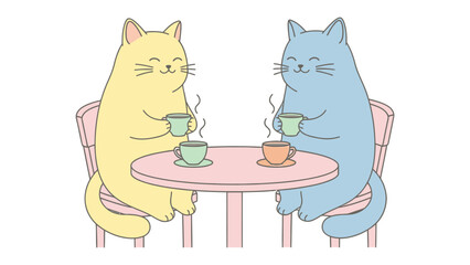 Cats' Coffee Date: Delightful illustration of two colorful cats enjoying coffee, capturing a moment of simple friendship and cheerful companionship, amidst a pastel-colored cafe setting.