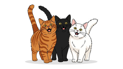 Adorable Trio: Three happy cats, each with unique coloring—a striking orange tabby, sleek black, and pristine white—unite in a friendly embrace, emanating warmth and charm.