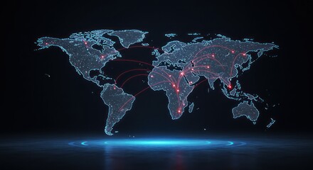 A digitally rendered world map displaying interconnected glowing nodes and data pathways, symbolizing global communication, technology, and information exchange across continents