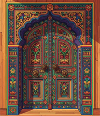 Now this is a completely different door design — full of **ornamentation, color, and cultural richness**.