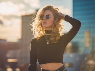 Young Woman Wearing Black Crop Top Sunglasses Stylish Urban Sunset Atmosphere