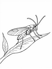 Minimilist outline drawing of a winged insect perched on a leaf with detailed veins and antennae extended upwards vector