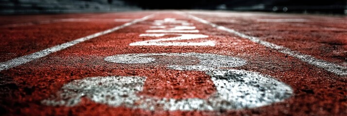 Close-up of a textured running track with numbers