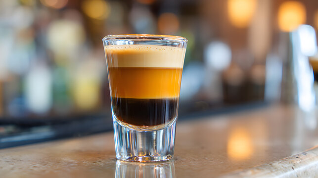 High quality photo of a B-52 layered shot in a clear glass on a bar counter