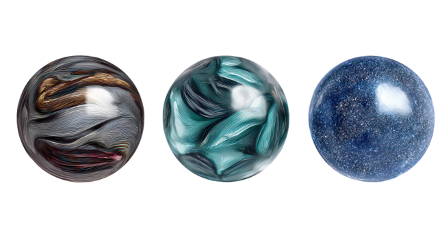 Three Glossy Spheres with Abstract Galaxy Patterns on Transparent Background