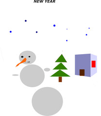Winter Scene with Snowman, House and Fir Tree