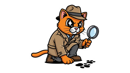 Detective Cat on the Case: An adorable cartoon detective cat with magnifying glass investigating a mystery with a comical expression, evoking intrigue and curiosity.