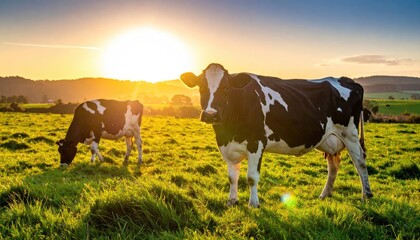 Black and White Cows Grazing in Green Field at Golden Sunset Agriculture in Pastoral Landscape